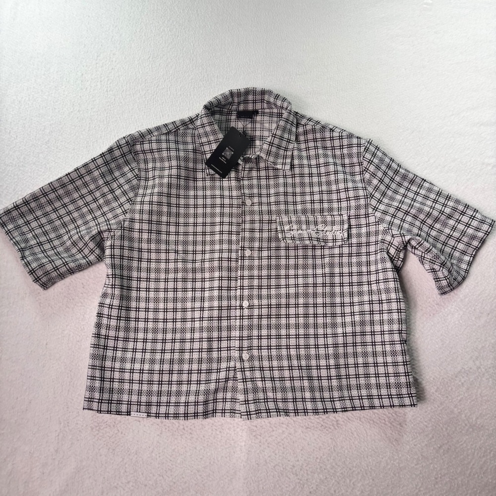 SUMWON Plaid Button Up Shirt Mens Large Oversized Boxy Black White NWT